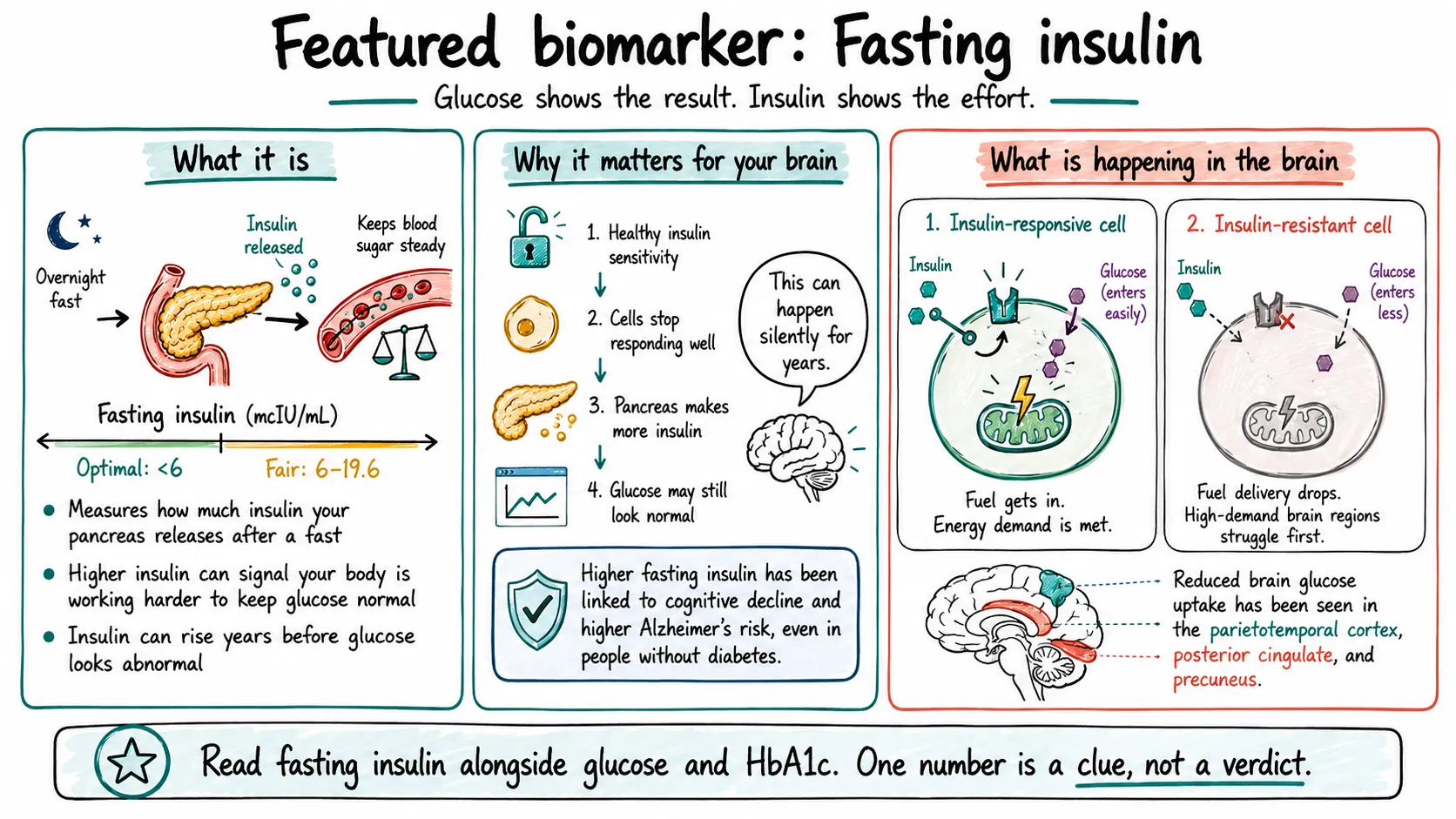 Diagram explaining fasting insulin: what it is, why it matters for the brain, and how insulin-resistant cells take up less glucose