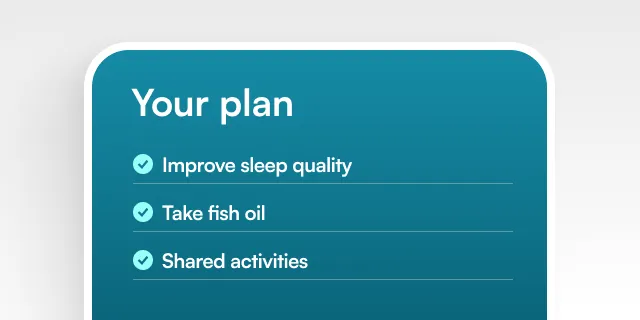 A plan checklist with three items: improve sleep quality, take fish oil, and shared activities.